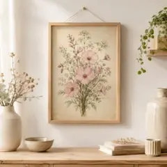 핑크 코스모스 앤티크 보태니컬 A4 포스터 (프레임 포함) 스칸디나비아 꽃