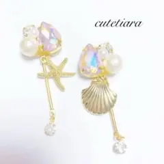 大人気！ピンクオーロラオパール×マリンスティックピアスイヤリング