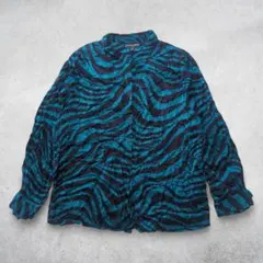 個性的 ゼブラ柄 シワ加工シャツ 総柄 アニマル グリーン 2XL ゆったりめ