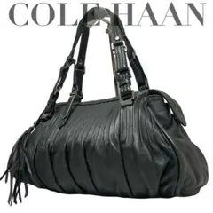 y2k COLE HAAN トートバッグ　レザーフリンジ　ロゴ金具　プリーツ　黒 y2k COLE HAAN トートバッグ レザーフリンジ ロゴ金具 プリーツ 黒