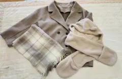 【3点まとめ売り】ブラウンコート　L×淡色ストール×クマ耳マフラー　ベージュ系