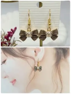 ハンドメイドピアス❤️大人可愛い❤️くすみブラウンのリボンローズピアス❤️リボン