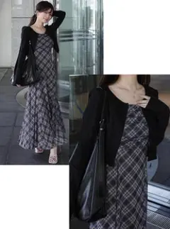 チェック柄ギャザーリボンキャミソールワンピース ピンクベージュ