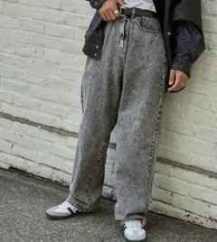 ハイウエスト ワイドストレート ウォッシュ デニムパンツ 男女兼用