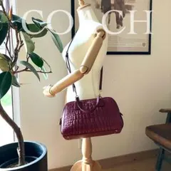 【美品】コーチ 型押しレザーハンドバッグ 2way フォーマル エンジ 斜め掛け