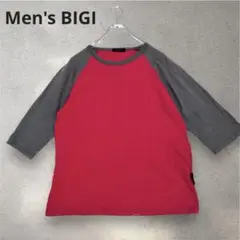 【メンズビギ】Tシャツ 七分袖 クルーネック 切り返し レッド グレー (S)