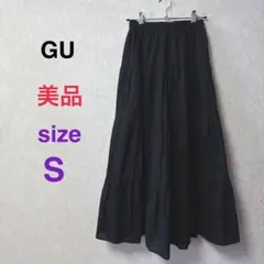 【美品】 GU ブラック ティアード フレアロングスカート S 無地 春夏 薄手
