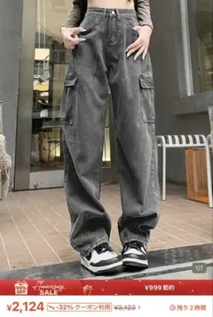 SHEIN グレー デニム カーゴパンツ ワイドジーンズ M