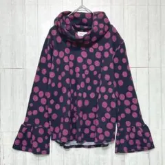 タートルネックトップス　ネイビー×ピンク【M〜L】　ドット柄　表面起毛