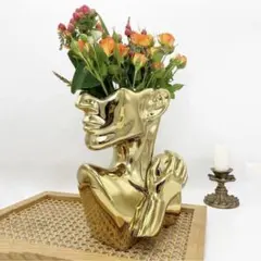 顔の形の花瓶　像金メッキ大型花瓶 インパクト インテリア 花飾り 金
