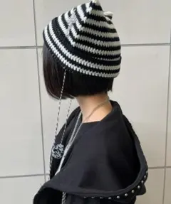 猫耳ニット帽 黒と白のストライプ