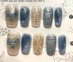 ネイルチップ 10個セット ブルー グラデーション　ラメ　天秤柄　サイズS