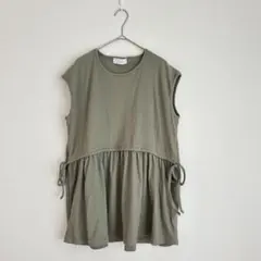 リブ編みノースリーブブラウス　カットソー　L 大きいサイズ　ギャザー　a1592