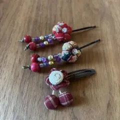 お花のヘアピン 3点セット 和柄 チェック柄 赤 青 えんじ