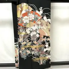 b716 正絹　黒留袖　比翼付　五つ紋　金箔　金彩　着物