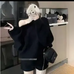 ニットセーター＆ショートパンツ ツーピースセット 黒 ニット トレーナー