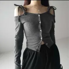 me+em select ダブルリボンオフショルダーリブショートカーディガン