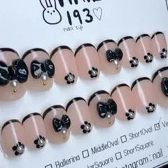 #192R現品発送 ネイルチップ 16本セット フレンチ リボン 黒フレンチ