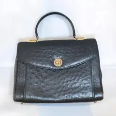 オーストリッチ　レザー　 ハンドバッグ　ゴールド金具　黒