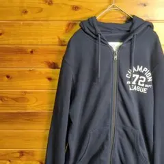 パーカー　スウェット　ジップアップ　トップス　フード　紺　刺繍　Ⅿ　古着