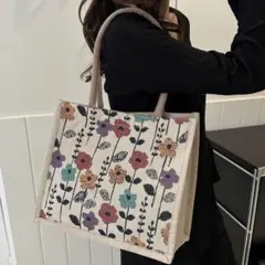 86.トートバッグ　花柄　刺繍　ショルダーバッグ　大容量　通学　通勤