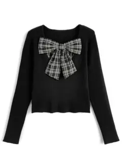 チェック柄リボンドッキングリブニットトップス［gn548］GRL