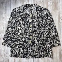 ヴィンテージ　デザイン七分袖シャツ　総柄　花柄　コットン100％　白黒　11号
