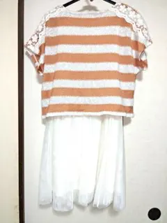 値引 レディース　ワンピース　チュールレース ボーダーニットトップス　2点セット