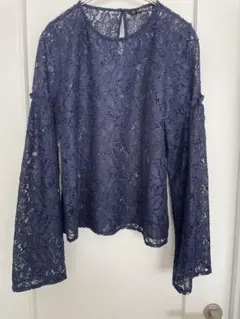 ZARA フリル、レース、ブラウス　ネイビー