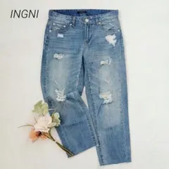 イング　カットオフデニムパンツ　М　青　クラッシュ加工　カジュアル　春夏コーデ