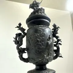 圧巻の名品！ 高岡銅器 古銅象耳花鳥饕餮文特大壺 全高60cm 重量20.6kg