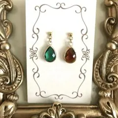 5828　ピアス　ゴールド　ハンドメイドイヤリング可 グリーン緑ブラウンドロップ