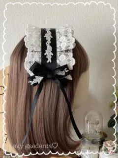 ♡ホワイトルレースブラックリボンローズ刺繍 ヘッドドレスロリータ量産型ゴスロリ♡
