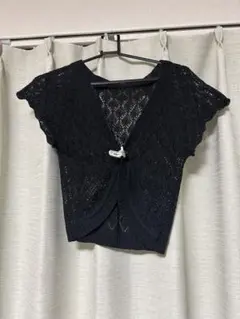 黒 レース編み 半袖カーディガン