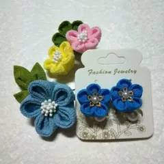 つまみ細工　パステルカラーの髪飾り・ イヤリングセット