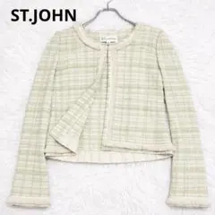 【極美品】ST. JOHN ツイード調ノーカラーニットジャケット ライトグリーンのサムネイル