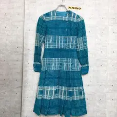 古着 ドットチェック柄レトロワンピース 長袖 総柄 ハーフボタン レディース