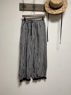 サマンサモスモス レース付きバルーンパンツ　ギンガムチェック黒ブラック