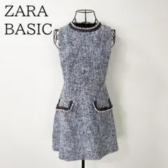 ZARA BASIC ツイードワンピース S ネイビー ノースリーブ