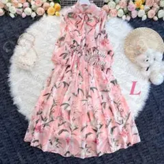【即日発送】オールシーズン♡ウエストギャザー花柄シフォンワンピース♡L