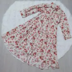 ボタニカル花柄 シャツワンピース ロング ティアード 前開き 前短めデザイン