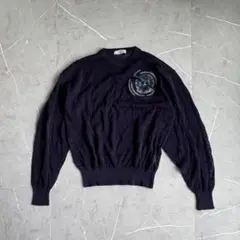 ニットセーター　刺繍ニット　長袖ニット　紺色　ネイビー　デザインニット　レトロのサムネイル