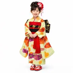 七五三　5歳　7歳　女の子　黄緑　正絹　作り帯　黒帯　フルセット