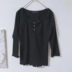 INGNI 長袖 上衣 剪裁衫 七分袖 波浪紋設計 黑色 M