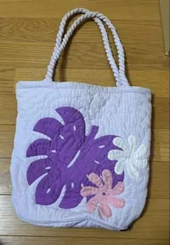 花柄キルティングトートバッグハワイアンキルト 薄紫 編み込み持ち手 海外