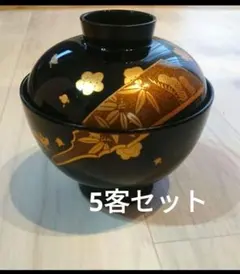 お椀 黒千鳥吸椀 金彩蒔絵羽子板紋様　蓋付5客セット 松竹梅 正月 箱付 会津のサムネイル