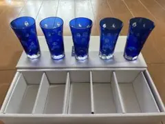 未使用きりこ　青色ガラス 花柄グラス 5客セット