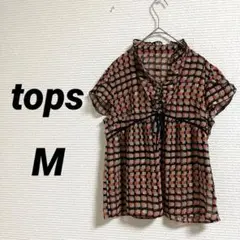 トップス 薄手 半袖 チェック フリル サイドジップ 女子会 デート Mサイズ