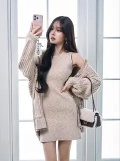 ニット カーディガン×ノースリーブミニワンピース セットアップ