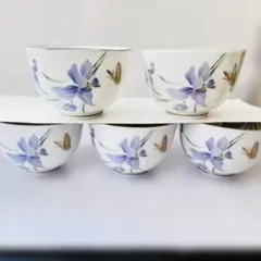 【新品】有田焼 光峰作 湯呑 5客セット 金縁 菖蒲 蝶 汲出し 煎茶碗 茶器